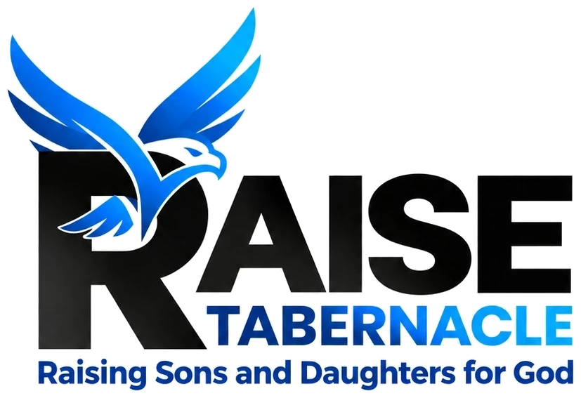 Raise Tabernacle logo: a bold black R with a blue eagle ascending from it, above the words Raising Sons and Daughters for God